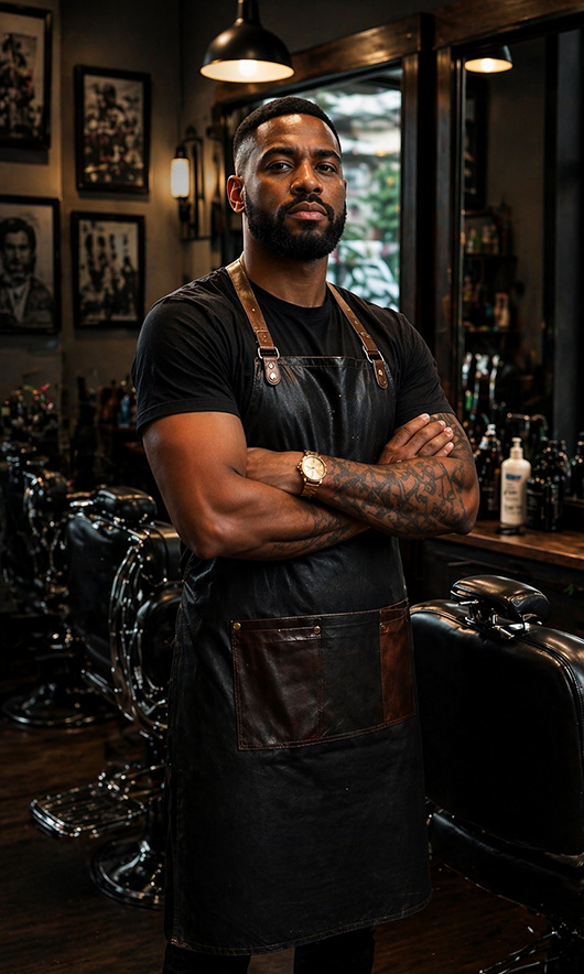 Barber in a leather apron standing with arms crossed in a barbershop