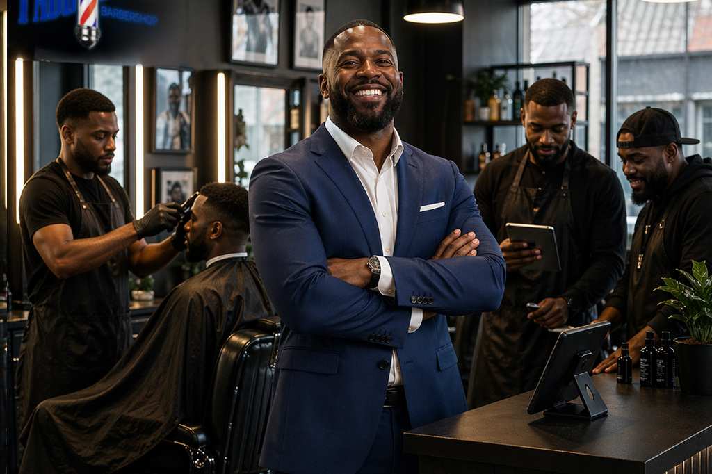 Shop owner in a suit smiling with his barber team at work behind him