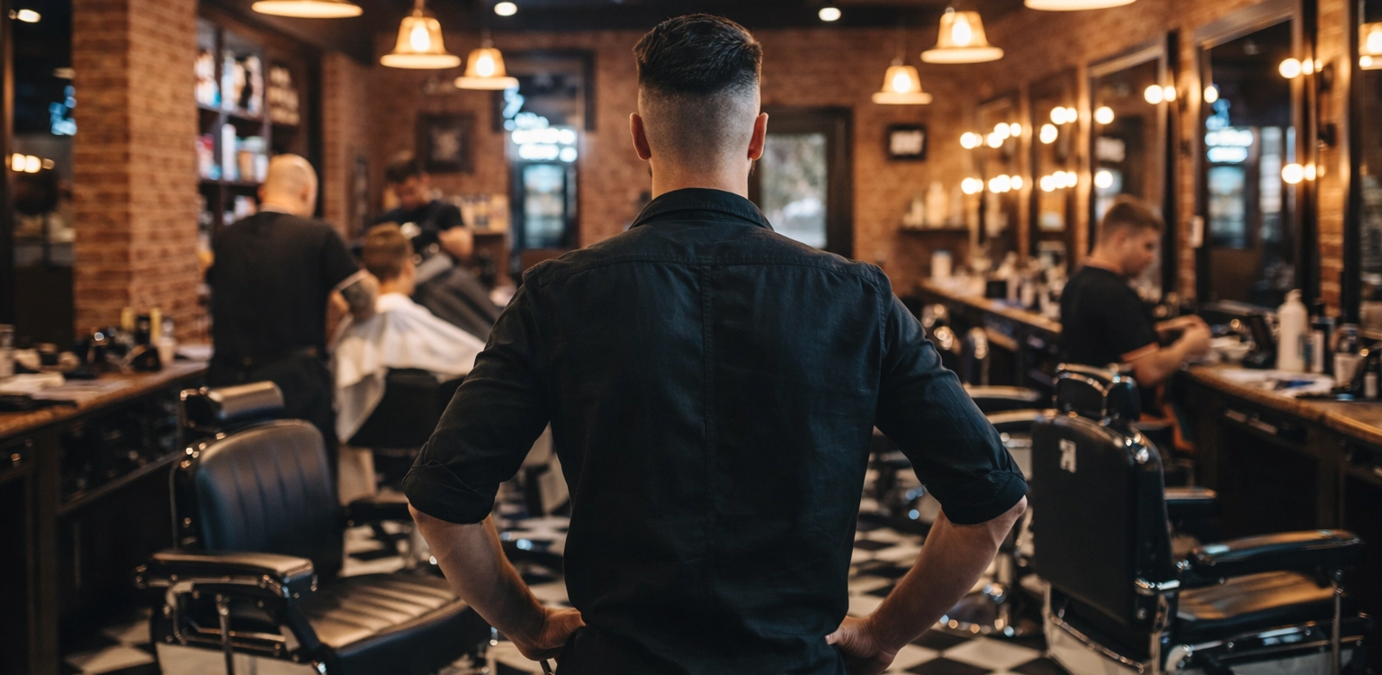 Barber seen from behind overlooking a full barbershop with checkered floors