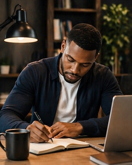Man planning at a desk with a notebook and laptop
