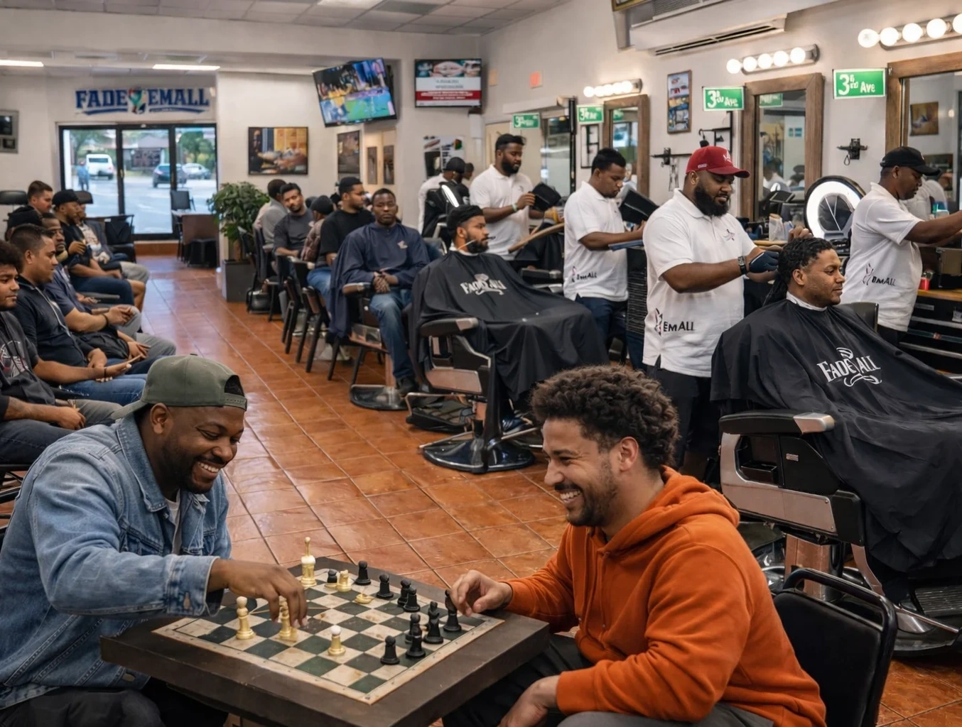 Two men laughing over a chess game in a busy barbershop while barbers cut hair