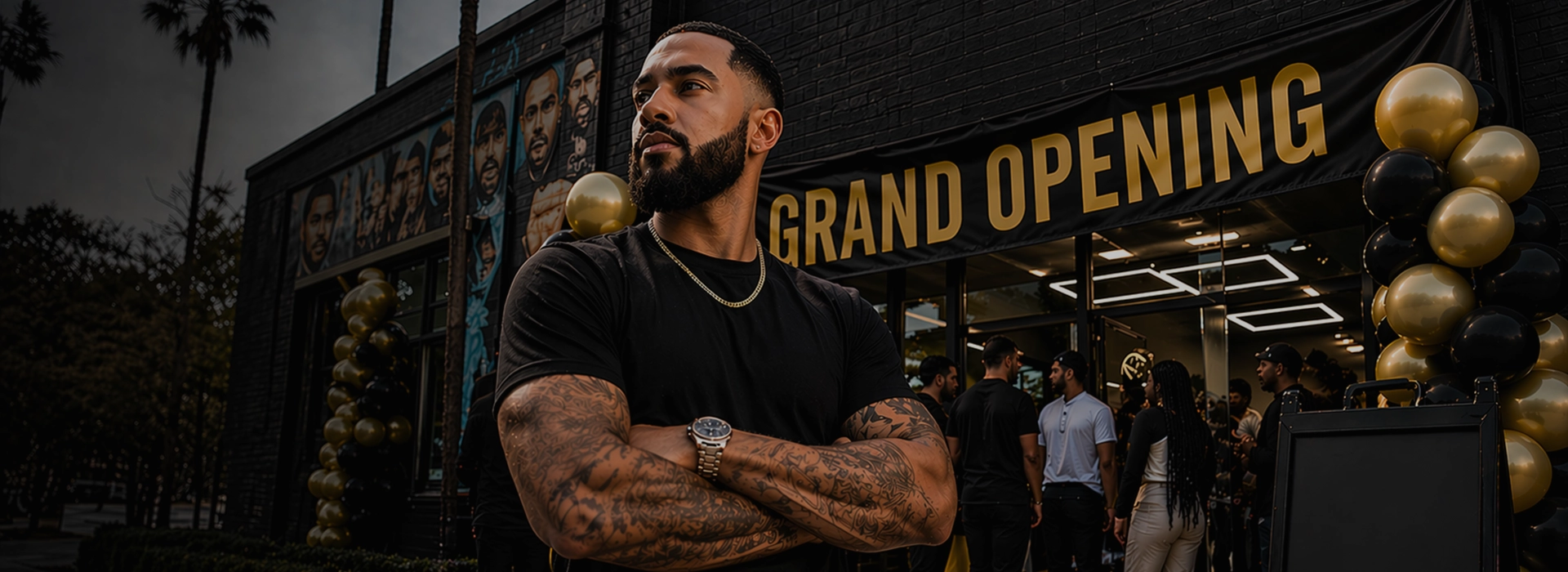Man with arms crossed outside a barbershop grand opening with balloons and a crowd
