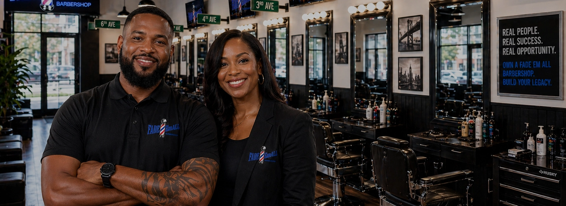 Man and woman in Fade 'Em All apparel smiling inside a barbershop