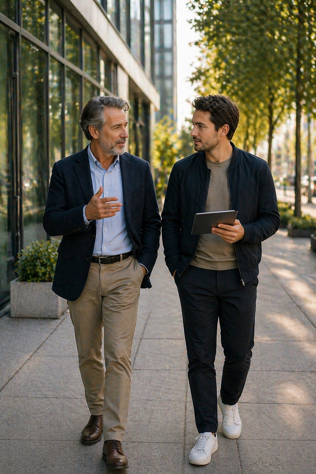 Two professionals talking as they walk outside an office, one holding a tablet