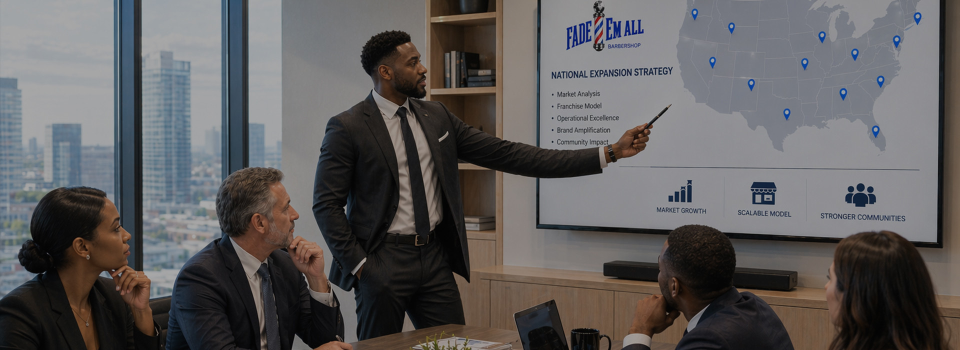 Business meeting with a Fade 'Em All presentation and a U.S. map on screen