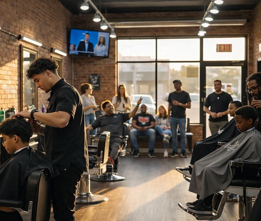 Barbers cutting clients' hair in a busy barbershop