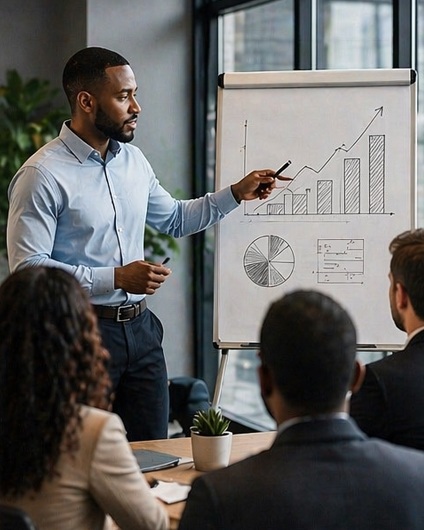 Man presenting a growth chart to a small team
